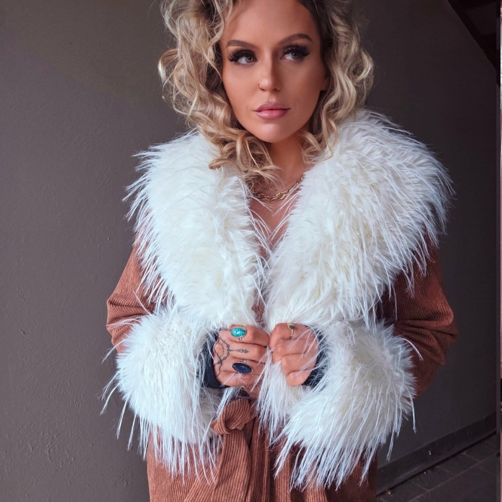 Corduroy Faux Fur Trim Belted Coat - Picture 2 of 5